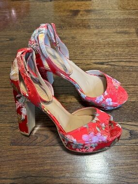 Red Floral Platform Ankle-Strap Block Heels